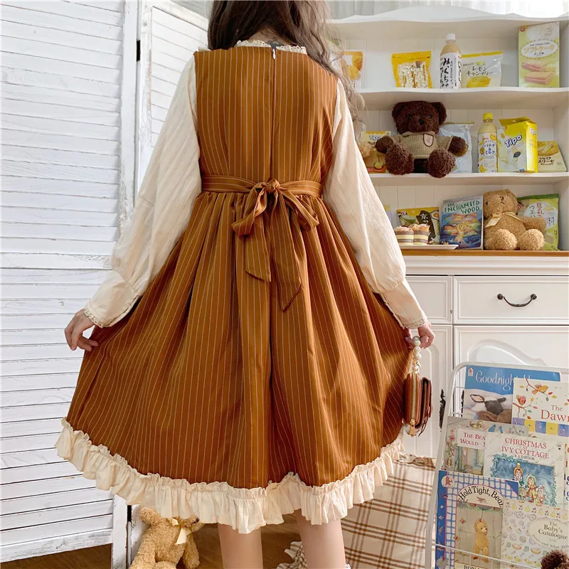 

2021 Sweet Girl Bow Full Sleeve Cute Ruffles Brown Stripe Dresses Japanese Autumn New Kawaii Lolita Cosplay Loli Dress