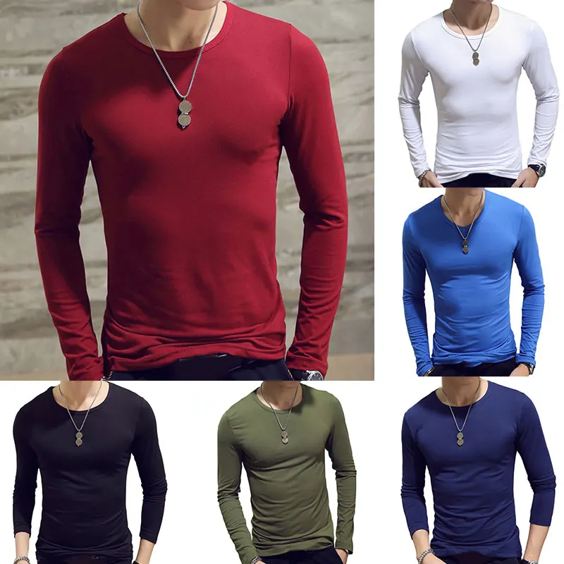 

Men's Long Sleeve Simple Slim Fit Solid Color Pullover Soft Comfortable T-Shirt O Neck Basic Tees Fashionable Elastic Underwear