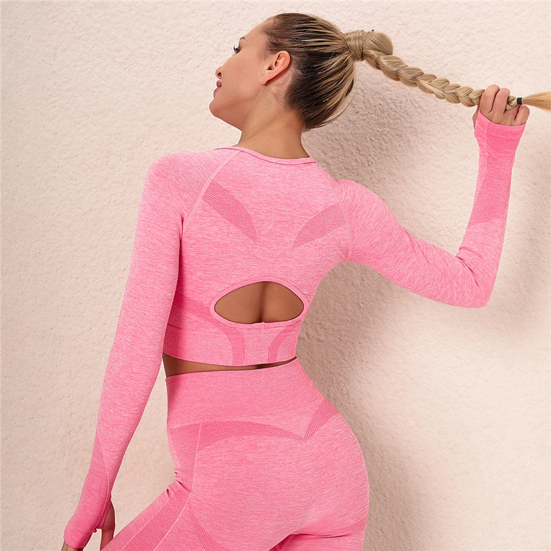 

Seamless Yoga Shirts Crop Top Long Sleeves Sportswear for Women Fitness Gym Workout With Thumb Holes