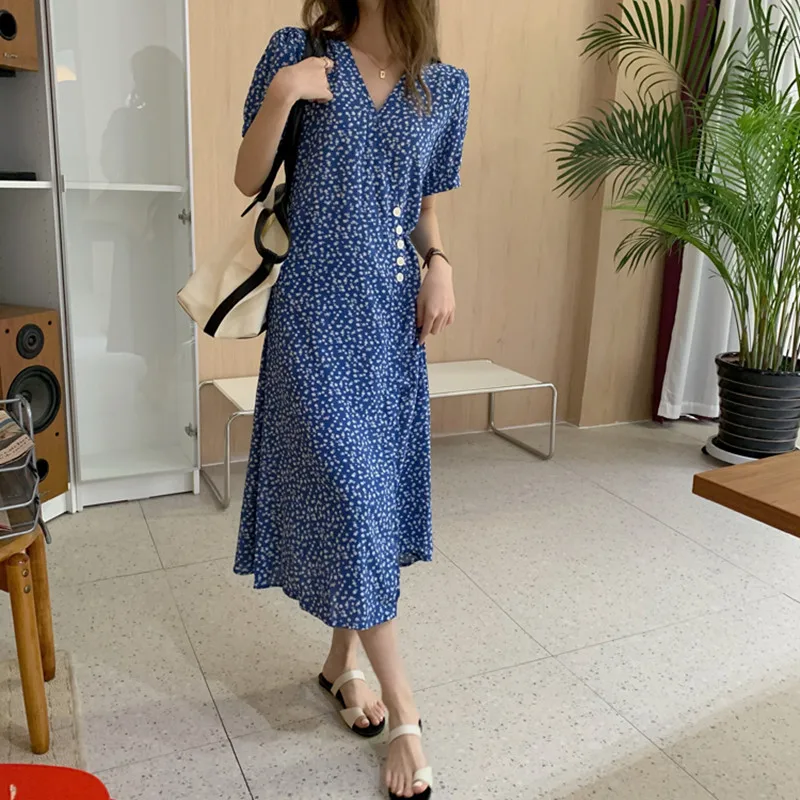 

HziriP V-Neck Puff Sleeve Chic Fashion Korean Style Loose Bandage Ladies 2021 Hot Casual Summer New High Waist Women Dress