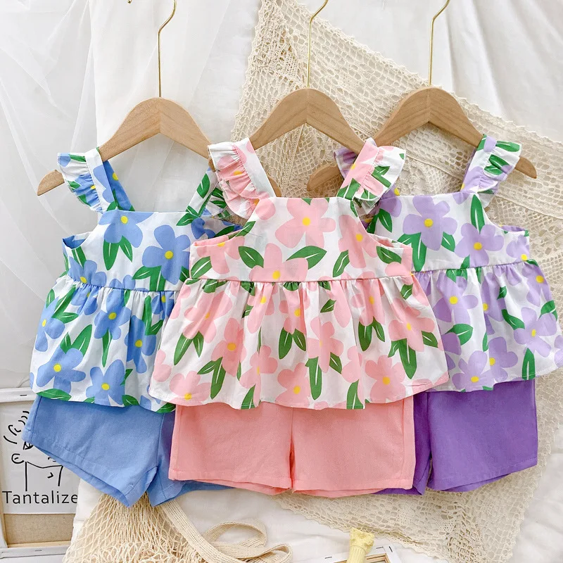 

2021 Floral Summer Toddler Girls Clothes Sets Princess Girl Kids Clothing Children 2-6Y Pant+T-Shirt Set