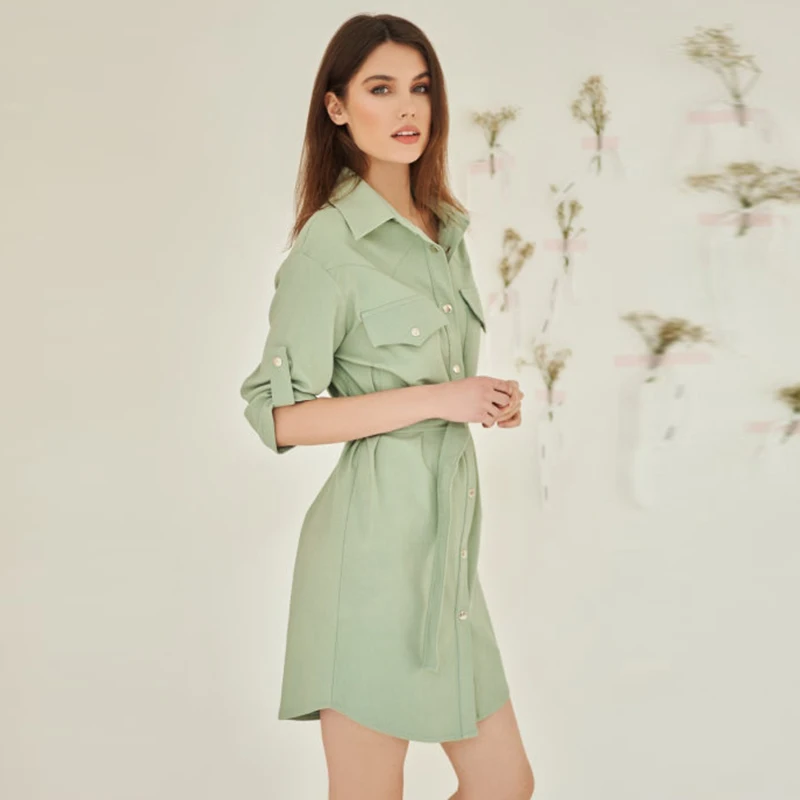 

Shyloli Office Lady Casual Sashes Shirt Dress Pure Color And Colorful Mini Dress With Rivet Pocket 2021 Basic Fashion Vestidos