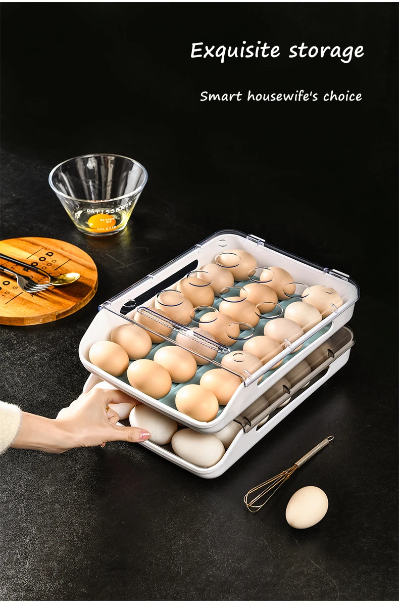

New Automatic Rolling Egg Box Kitchen Items Refrigerator Storage Organizer Household Transparent Drawer Tray Space Saver