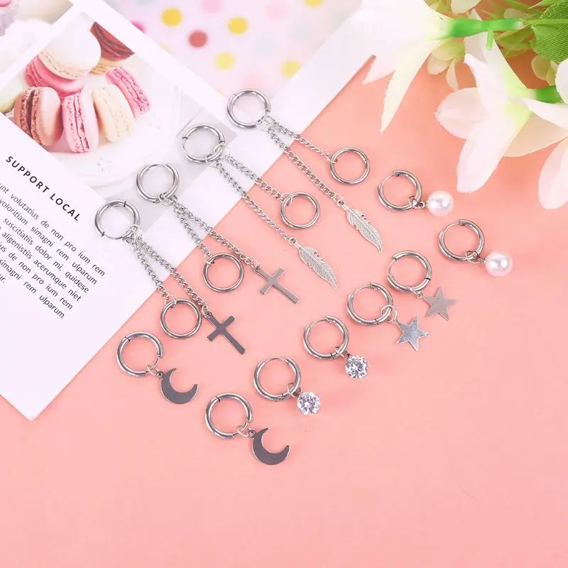 

Women Men Light Small Hoop Earrings with Pendant Personality Punk Cool Silver Color Stainless Steel Earring Jewelry 69HB