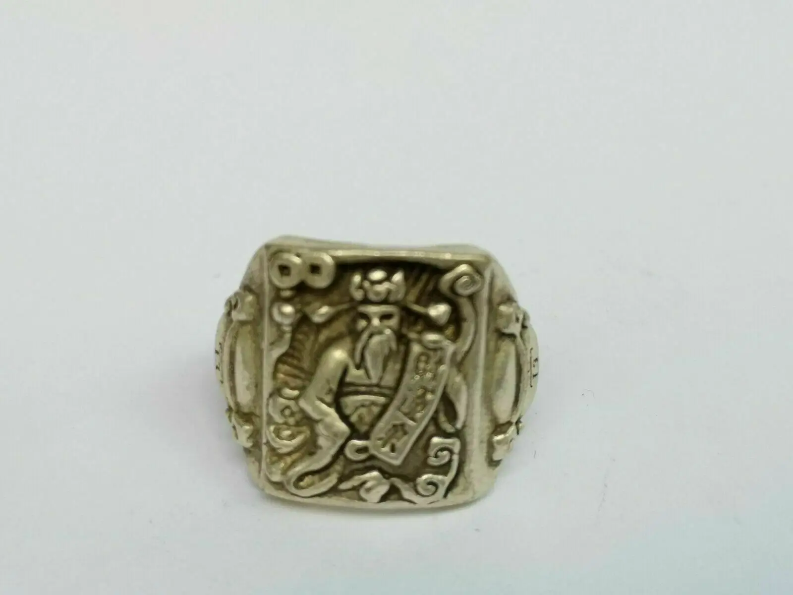 

Old Collection China Tibet Silver Carving God of Wealth Statue Ring Decoration