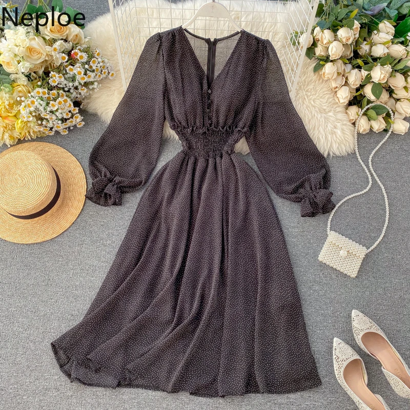 Женское шифоновое платье в горошек с v образным вырезом и высокой талией