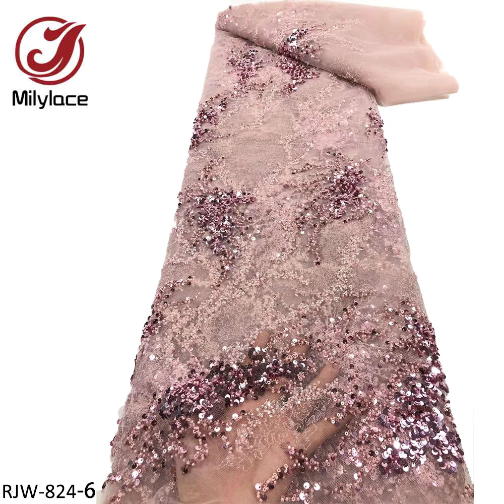 Tela de tul brillante de alta gama, con cuentas de lentejuelas pesadas, lujoso vestido de noche, RJW-824 de encaje franc&eacute;s-5