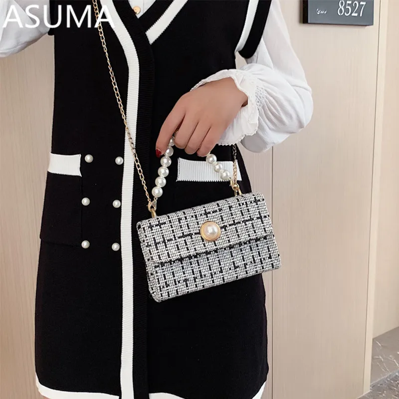 Красочный Жемчуг сумки через плечо для женщин 2019 зимние твидовые маленькие