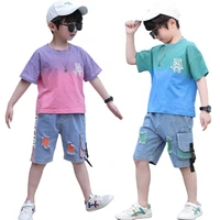 boys summer kids clothing sets novel stripe fashion print t shirt jeans shorts pants 2pc children casual tracksuit outfits
