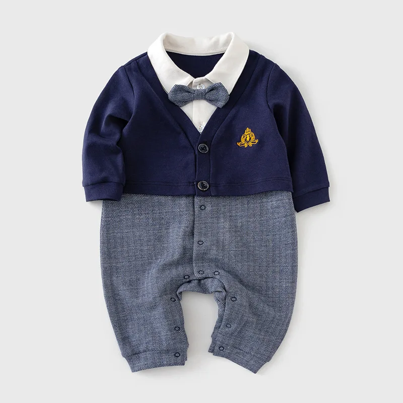 

Spring Autumn Baby Clothes Newborn Infant Baby Boy Cotton Romper Gentleman Jumpsuit Warm Outfit with Ties 0-2Y