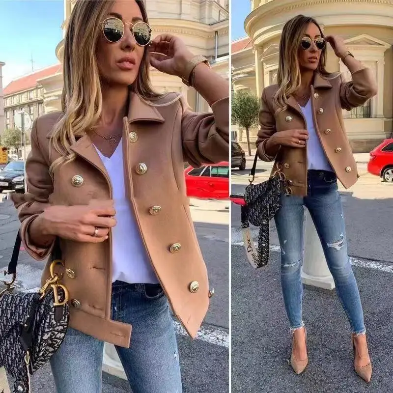 

2021 hot style autumn winter slim long-sleeved double-breasted suit with tweed collar