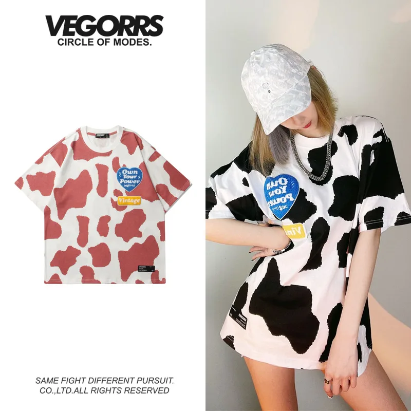 

Alternative Top Shirts Women's Graphic Cotton Cow Spotted Hip Hop Loose Couples Urban Basic Haut Female Short Sleeve T-Shirts