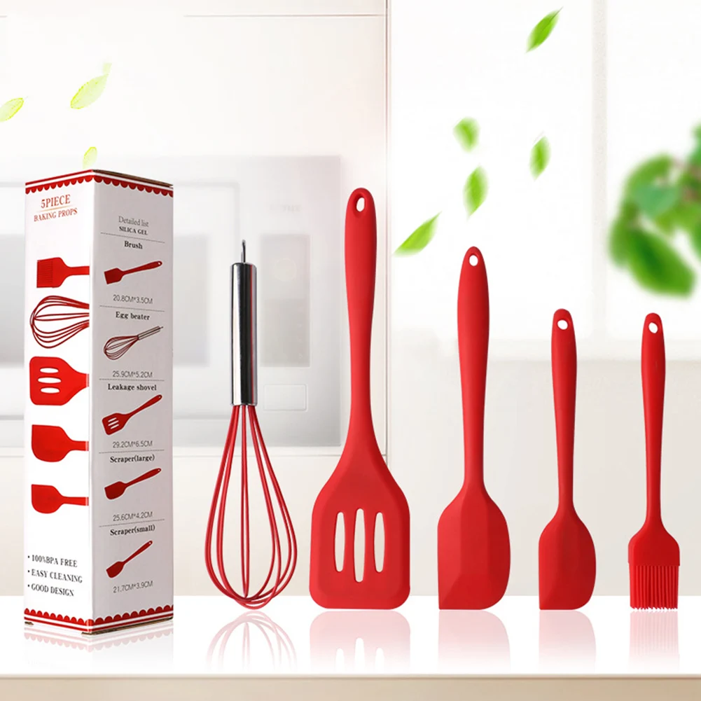 

5pcs Silicone Utensils Set Heat-Resistant Kitchen Cookware Non-Slip with Spatula/Oil Brush/Whisk