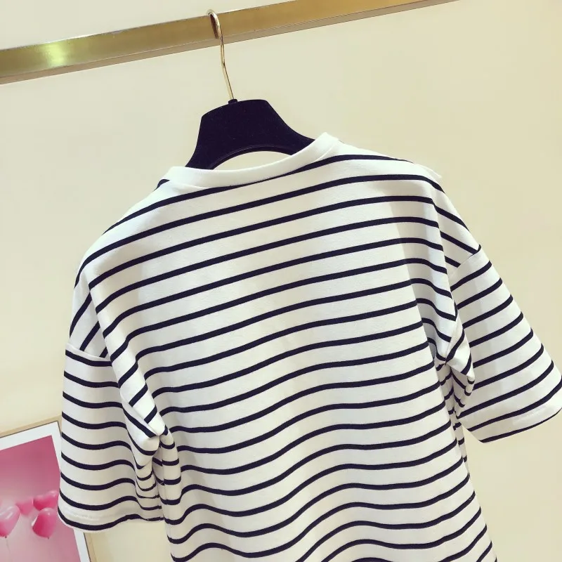 

2021 Summer New Fashionable Lace Ruffled Stitching Round Neck Short-Sleeved Striped T-shirt Women's Casual Blouse Blusas Mujer