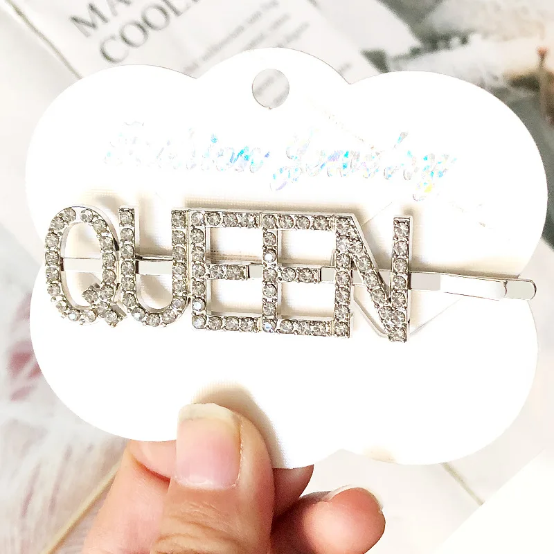 QUEEN Silver 1 шт. блестящие буквы заколка для волос с кристаллами Стразы заколки для волос металлическая заколка для волос аксессуары для укладки Королева/богиня/благословенная - Цвет: QUEEN Silver