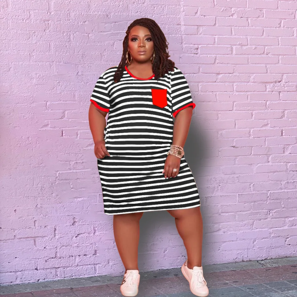 

2021 Fashion Plus Size xl-5xl Casual Women Striped Dress Color Patchwork Streetwear Summer Dresses For Women Vestidos
