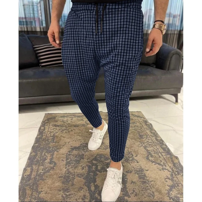 

Men Clothing 2021 European American Autumn New Men's Small Plaid Lace Pants Fashion Streetwear Men