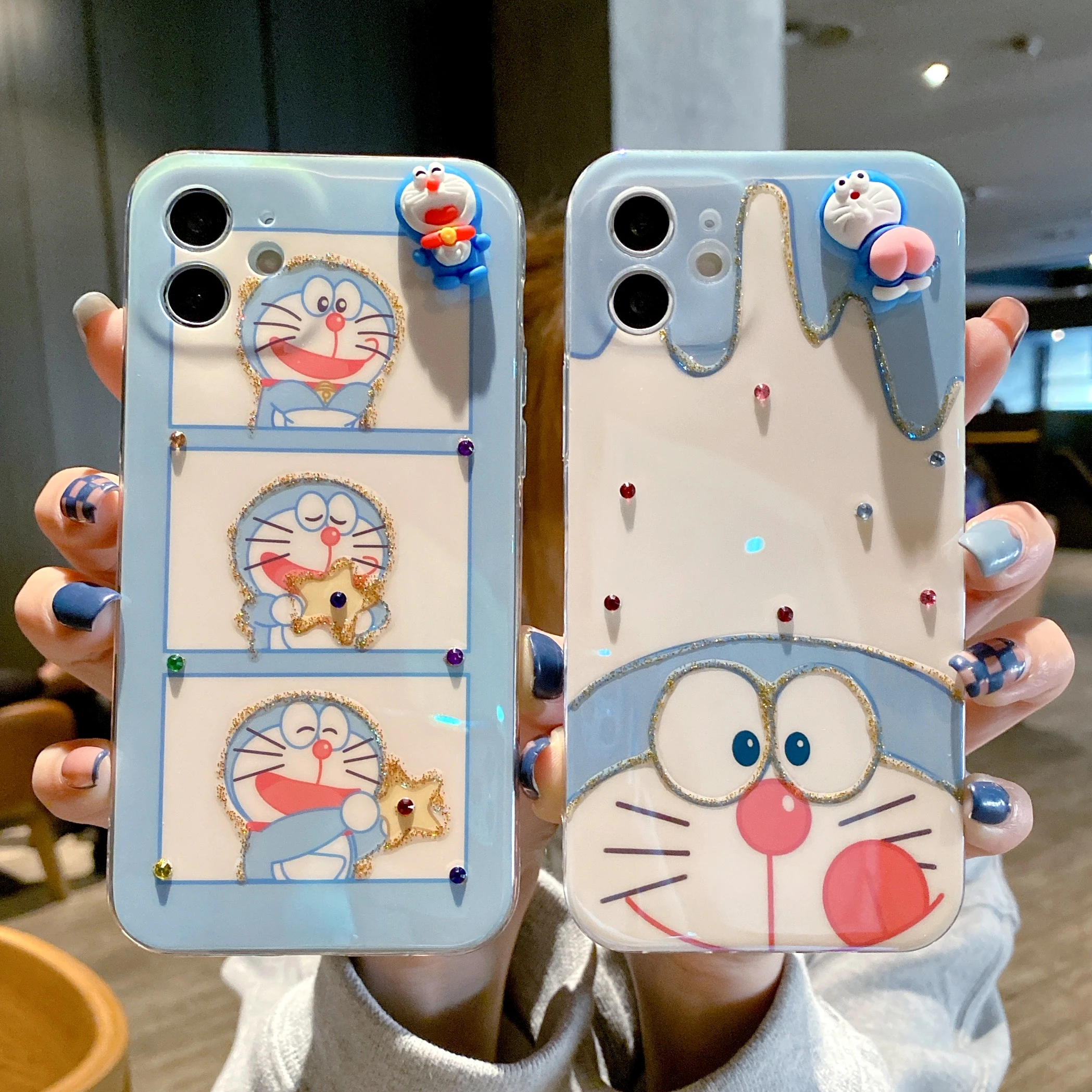 

Fun Turntable Cute Cartoon Stars Diamond Doraemon Case For Plus 8 7 SE 11 12 13 Pro Max X XS XR XSMAX Blue Silicone Soft Shell