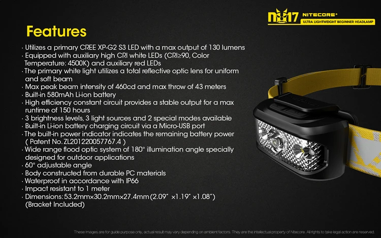 Nitecore NU17 ультра легкий налобный фонарь с зарядкой от USB белый+ CRI+ красный светодиодный водонепроницаемый налобный фонарь с батареей