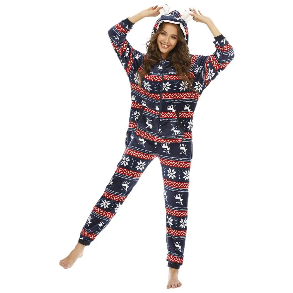 Women Adult Onesie Christmas Deer Pajama Cute Animal Hooded Funny Cartoon Jumpsuit Winter Warm Soft Festival Party Street Wear