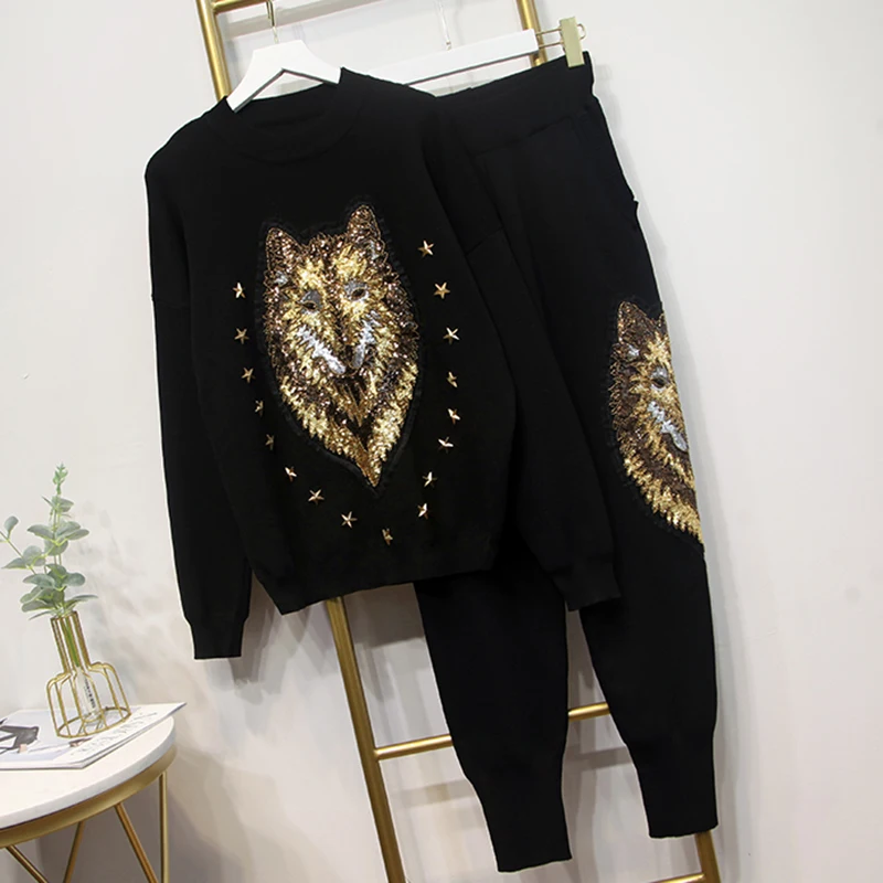 HIGH STREET стильный Подиум костюм набор женщин блестками бисером свитер вязание брюки набор