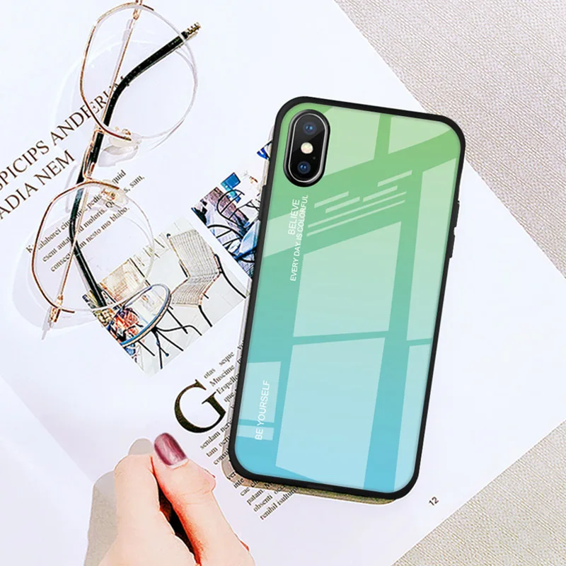 06 Цветной градиентный чехол из закаленного стекла для iPhone 7, 8 Plus, 6, 6 S, смартфон, полный Чехол, блестящий чехол для iPhone XR X XS Max - Цвет: 06