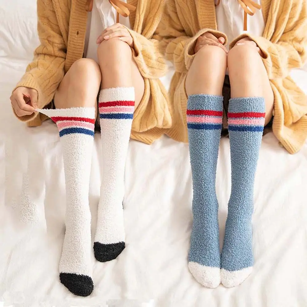 

Coral Fleece Striped Calf High Tube Socks Female Winter Plus Fleece Thickening Warm Small Household Sleeping Plush Long Tube