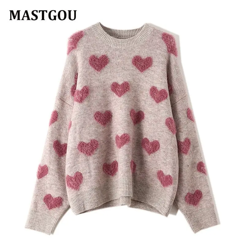 

MASTGOU Noble Style Oversized Women Sweater Embroidery Heartshape Knitted Pullover Tops Autumn Winter Casual Loose Jumper Femme