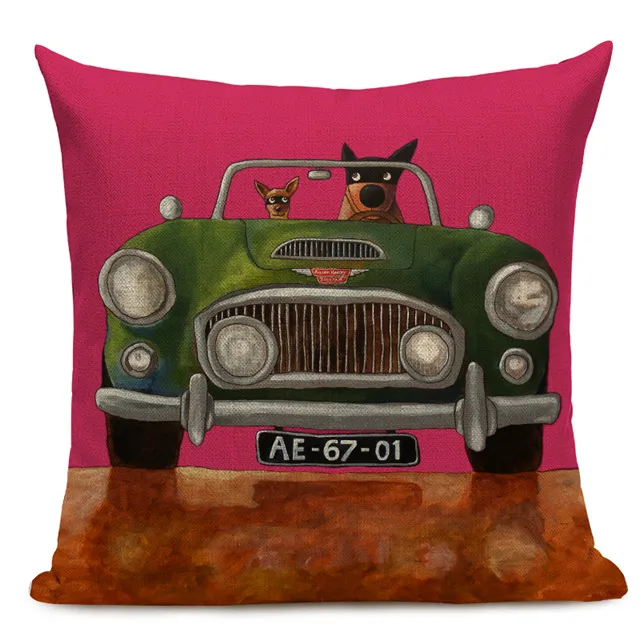 Hot Sale Pillow Lovely Cartoon Dog Cat Color Driving Car Vintage Almofadas 45X45CM Linen Pillow Decorative Linen Cushion Cover - Цвет: 10
