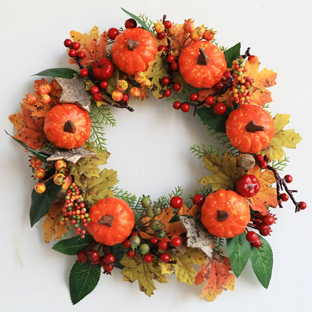 

30cm Autumn Simulated Pumpkin Berries Maple Leaves Wreath Wedding Home Hanging Pendants For Thanksgiving Days Christmas Lintel