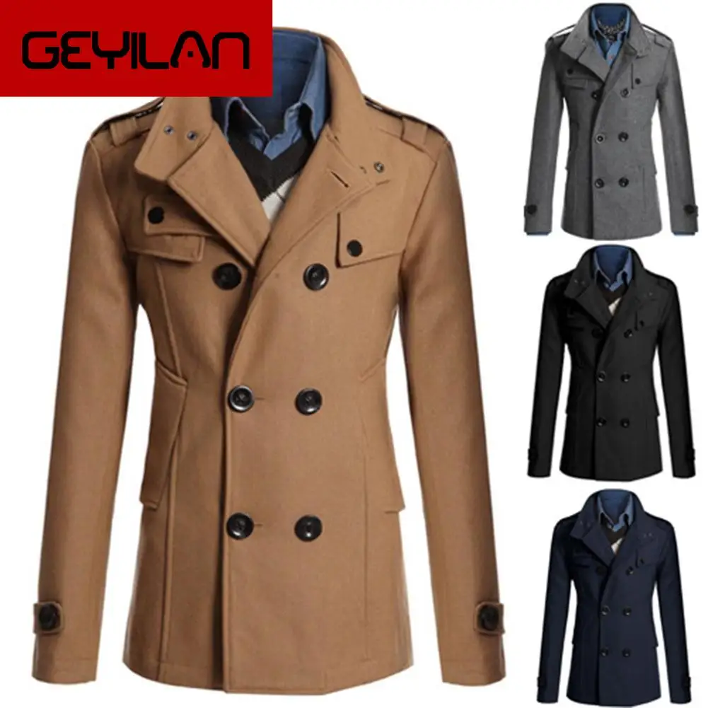 Мужской двубортный шерстяной приталенный тренчкот с отложным воротником и