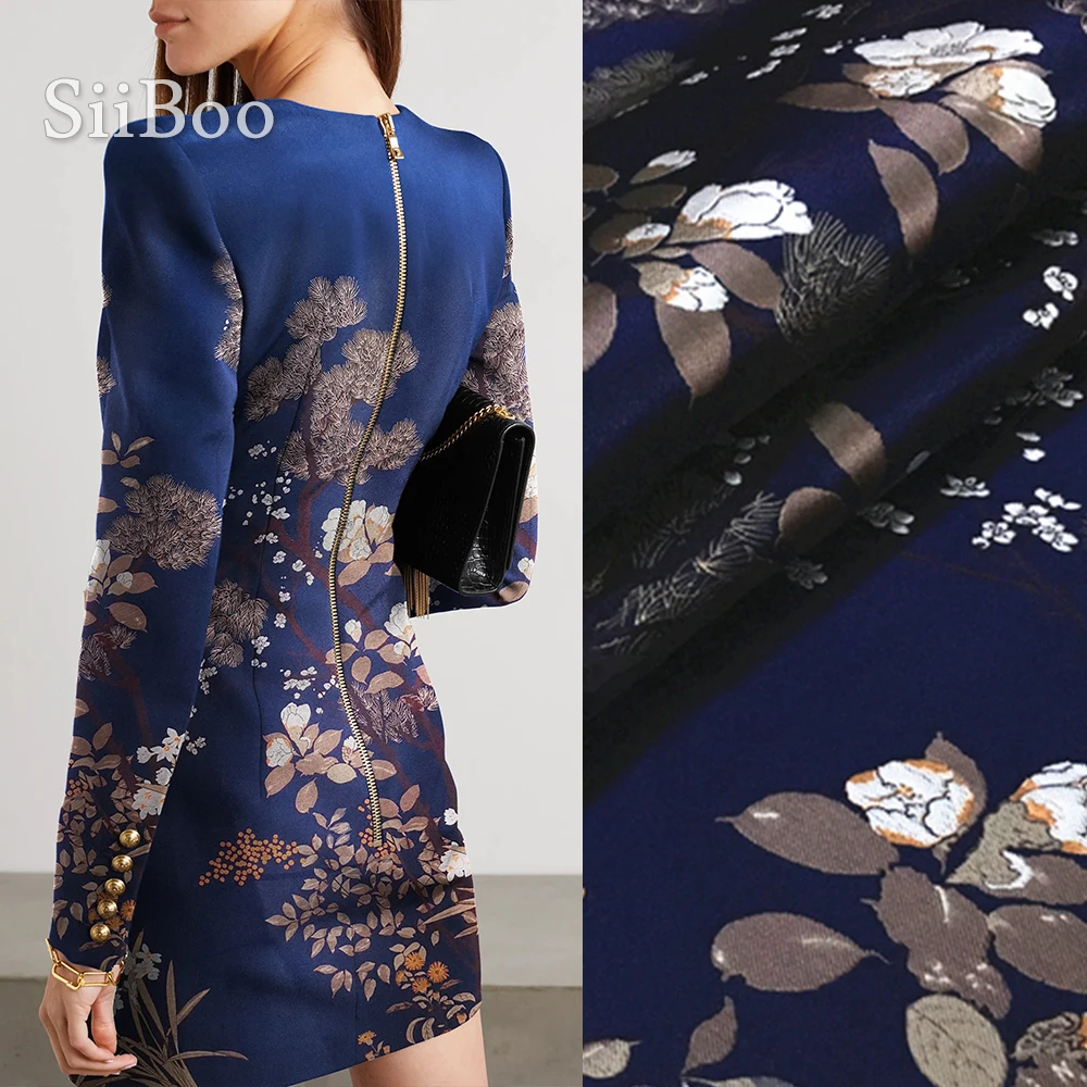 

European dark blue plum blossom style yarn-dyed positional jacquard brocade fabric for women spring summer dress telas SP6073