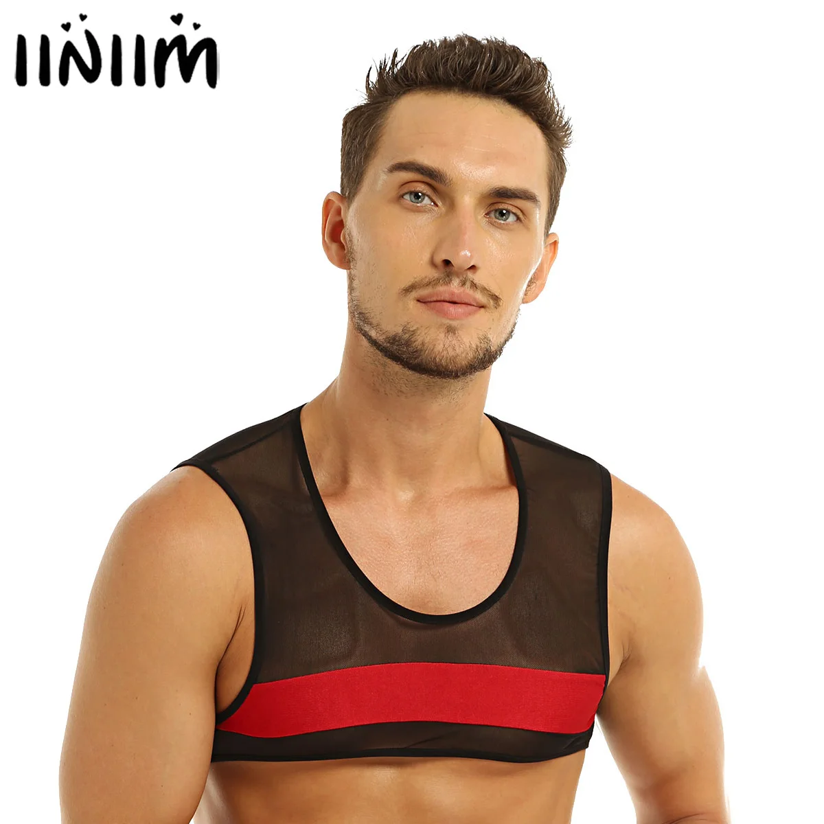 Жилет iiniim мужской без рукавов прозрачная сетчатая сетка короткий топ на