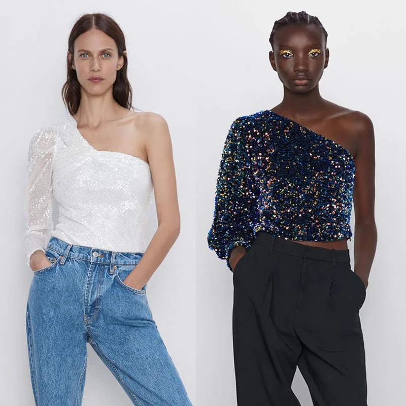 Женский топ на одно плечо ZA блестящий короткий бретельках с разноцветными