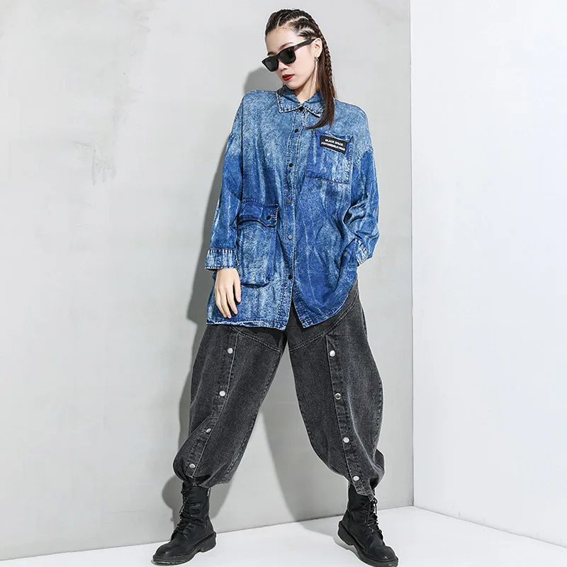 

CHICEVER Denim Shirts For Women Lapel Long Sleeve Patchwork Hit Color Oversized High Street Blue Blouses Female 2020 Autumn Tide