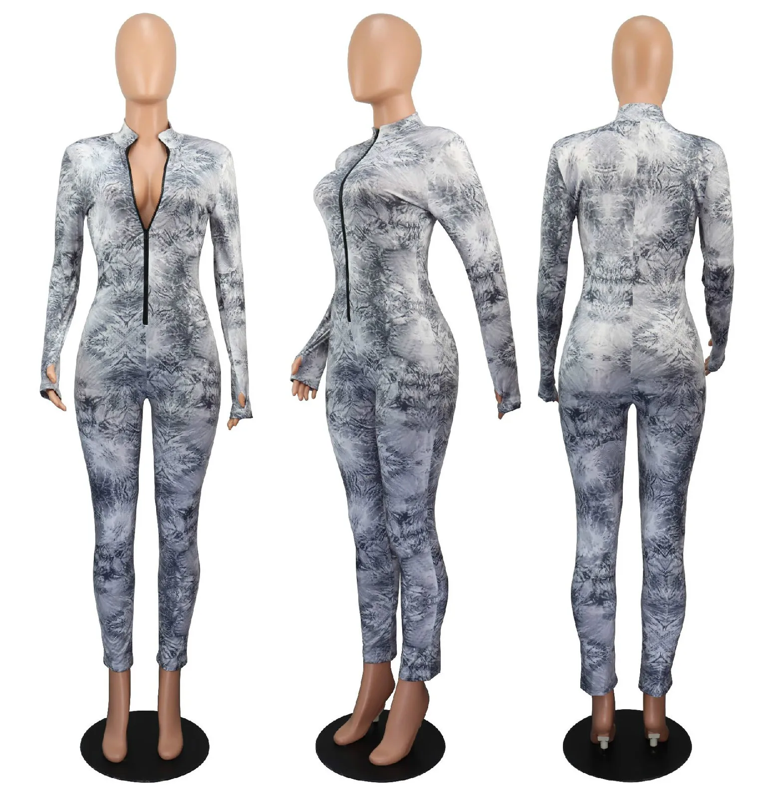 

HAOOHU Women Tie Dye Print Zipper Up Long Sleeve Bodycon Moto Biker Jumpsuit Sexy Party Club Night One Piece Overall Romper