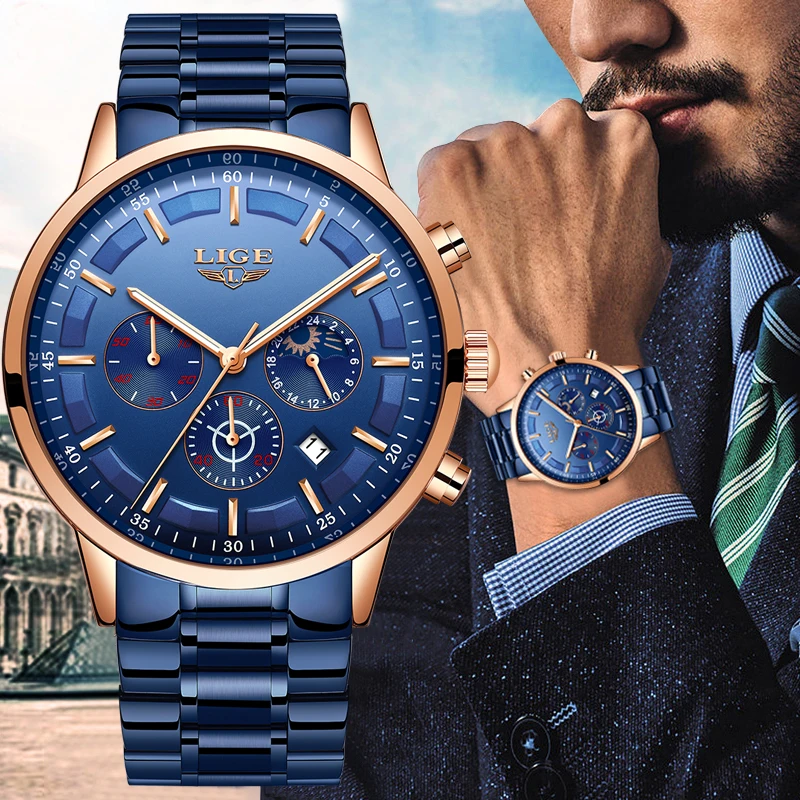 

LIGE Men's Watch Blue Dial Stainless Steel Water Resistant Man Watches Luxury Business Analog Quartz Mens Watches Fashion Hot