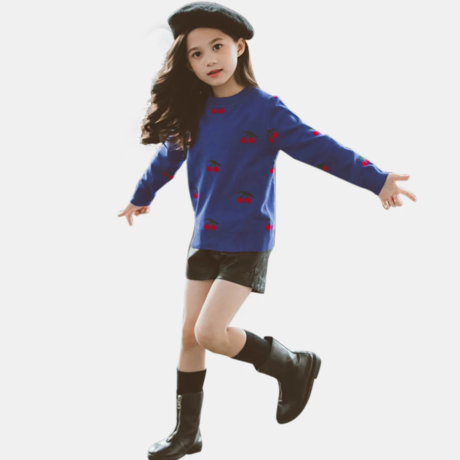 Свитера для девочек вязаный свитер с вышивкой детский пуловер круглым вырезом