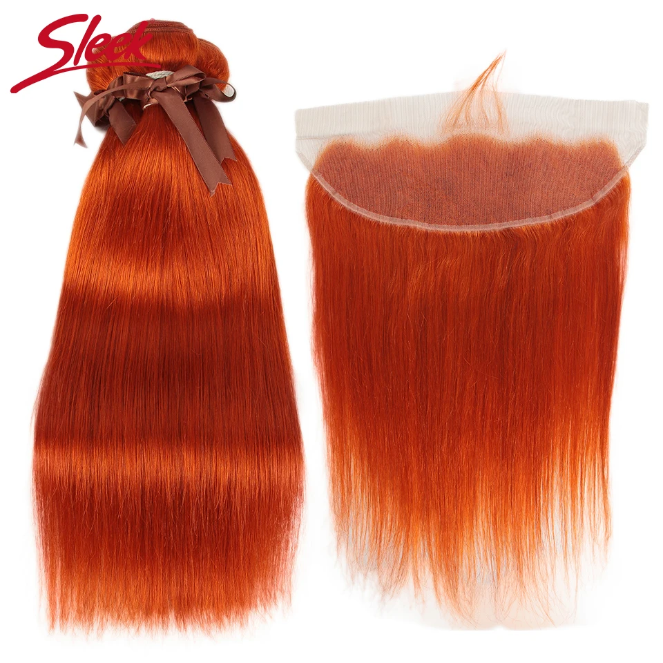 

Sleek Orange Brazilian Bundles With Frontal Straight Lace Frontal With Bundles 8-28 Remy Human Hair Weave 3 Bundles With Closure