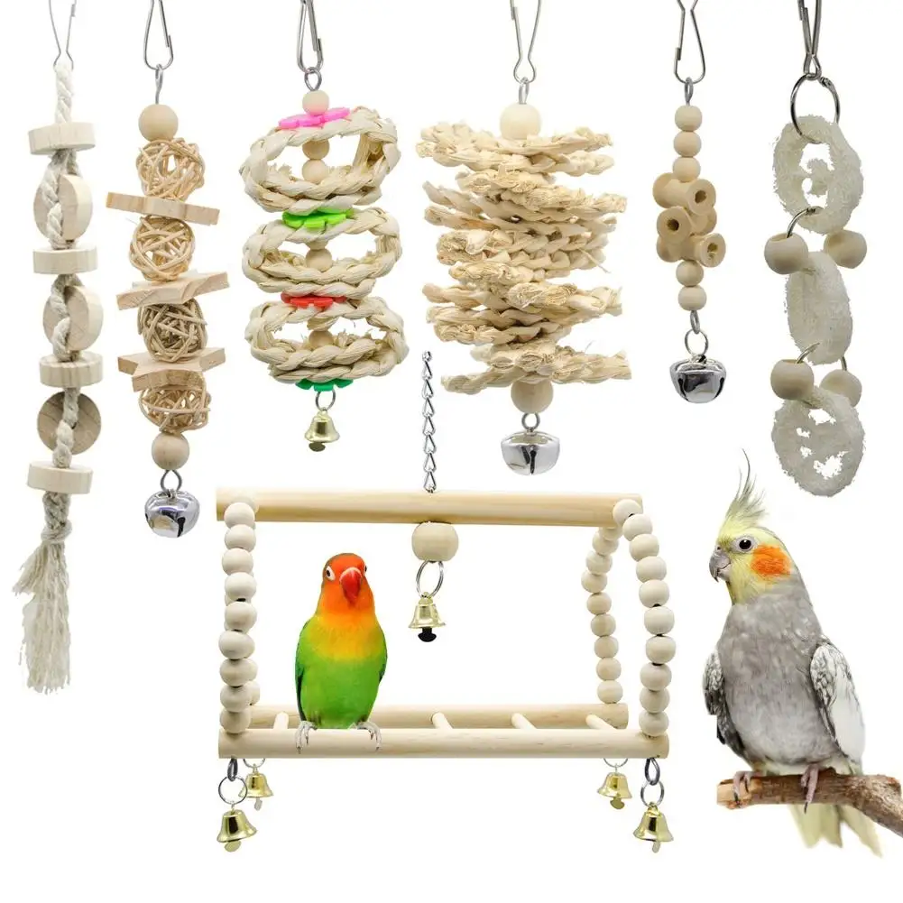 

7Pcs Bird Parrot Hanging Swing Bell Wood Linen Rope Climbing Chewing Toys Set Bird Accessories For Pet Toy Swing Decor