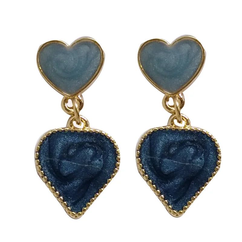 

S925 needle Super Fairy Women Jewelry Drop Earrings Two Tone Blue Enamel Double Heart Dangle Earrings Female Jewelry Party Gifts