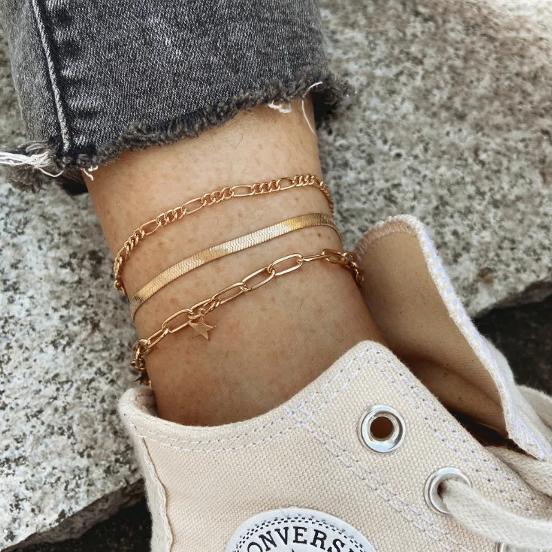 

New Fashion Geometric Multilayer Retro Five-pointed Star Anklet for Women 2021 Foot Beach Jewelry