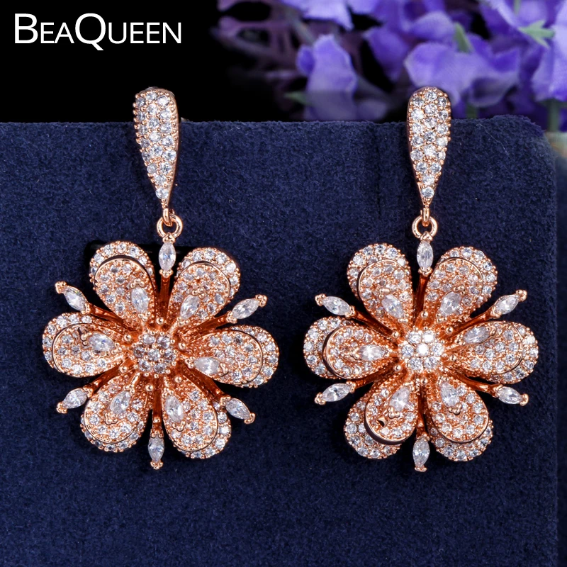 Женские серьги-подвески с фианитом BeaQueen серьги цвета розового золота крупным