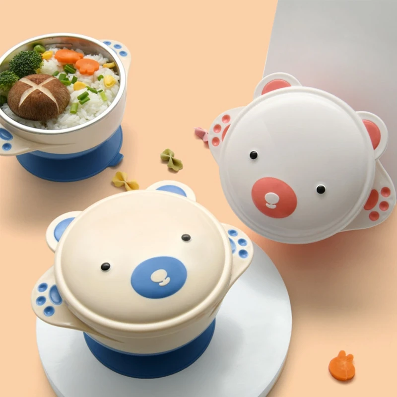 

350ml Cute Cartoon Baby Stainless Steel Suction Bowl Dish Tableware Food Box with Lid Kids Learning Training Utensils