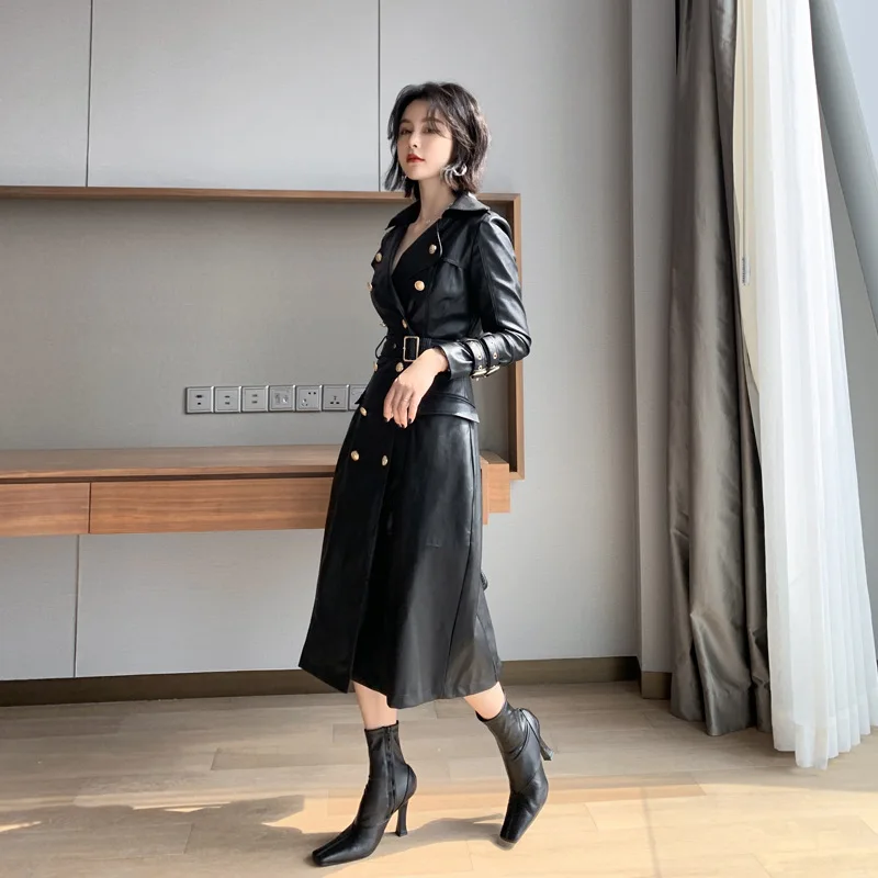 Woman Long Sleeve Double Button Long PU Leather Jacket  Loose Faux Leather Oversized Black Long Autumn Womens Leather Jacket