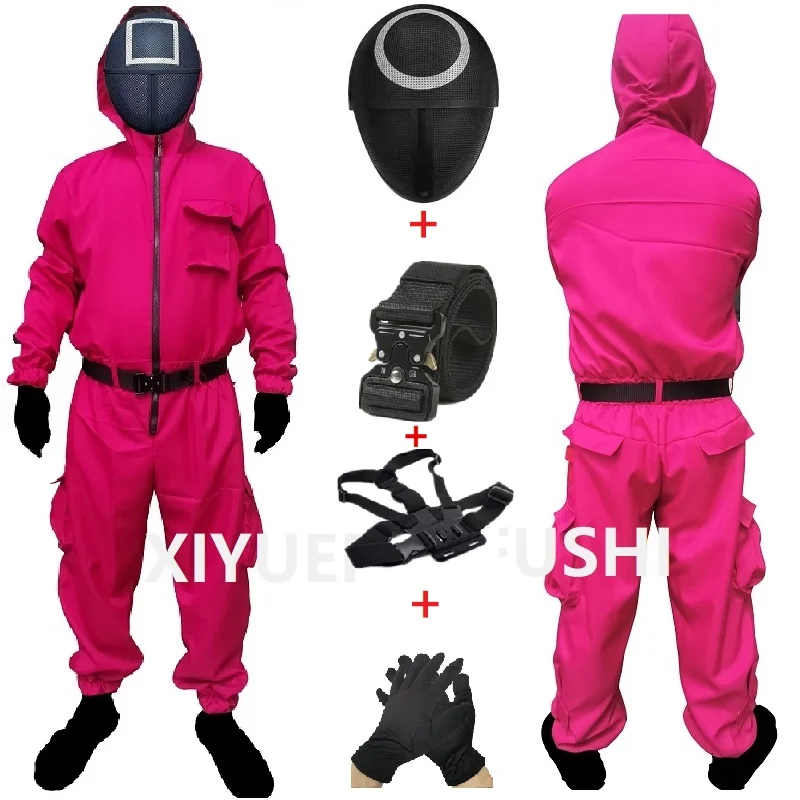 

Squid Game Costume Red Jumpsuit Cosplay Costumes Round Six Npc Circle Triangle Square Mask Strap Belt Accessories Halloween