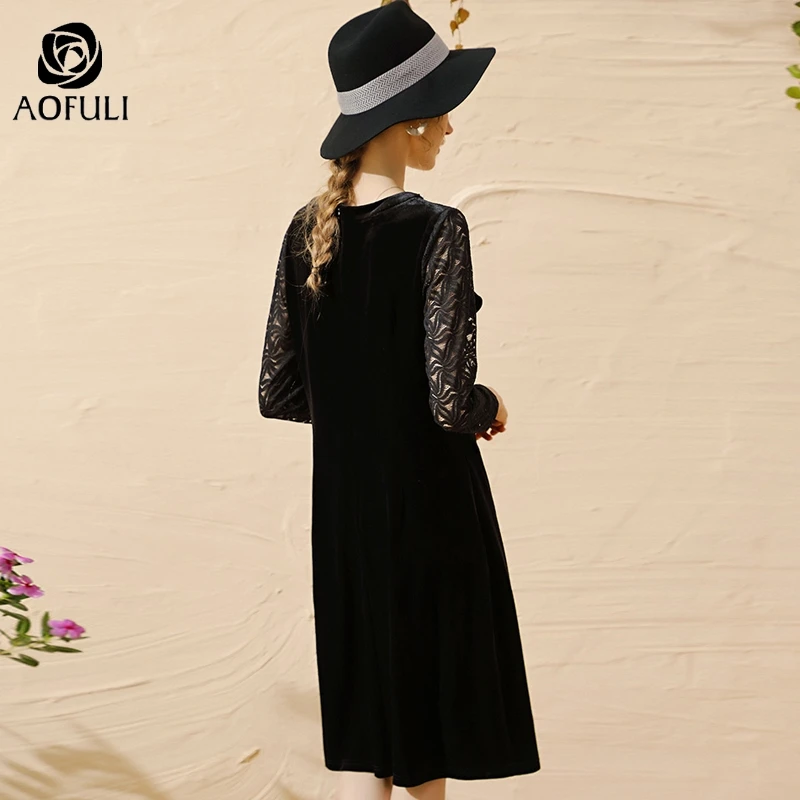 Женское вельветовое платье AOFULI B6212 зимнее велюровое с цветочным принтом на