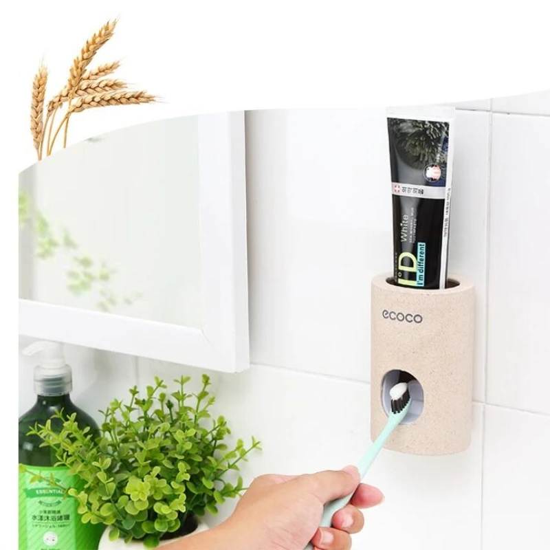 

FEIGOLO Bathroom Accessories Automatic Toothpaste Dispenser Wheat Straw Material Toothbrush Holder Anti Dust Wall Mounted F624