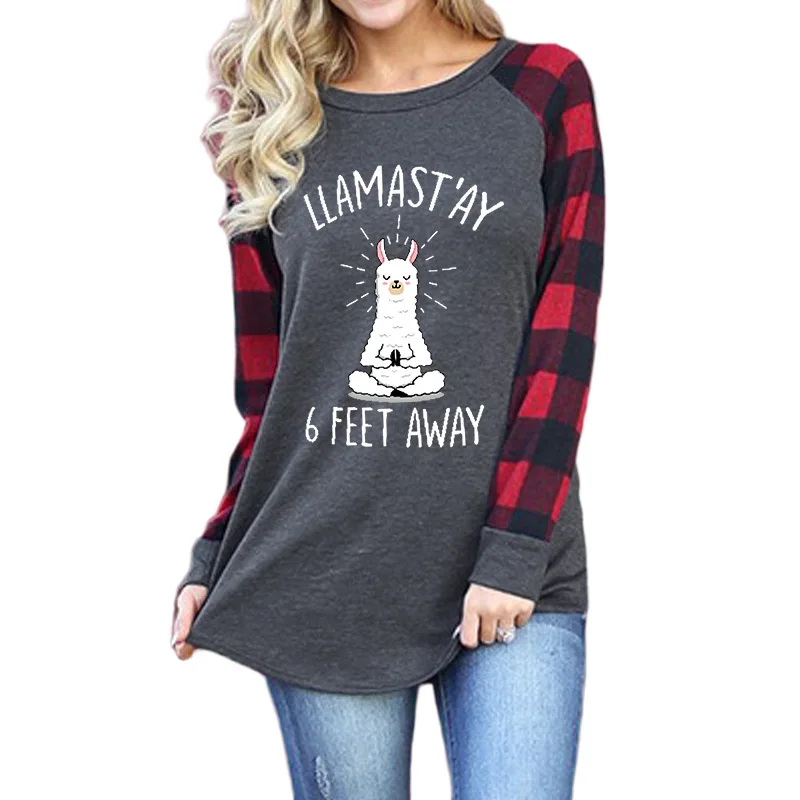 

Carney top Alpaca printed round neck Raglan long sleeve T-shirt