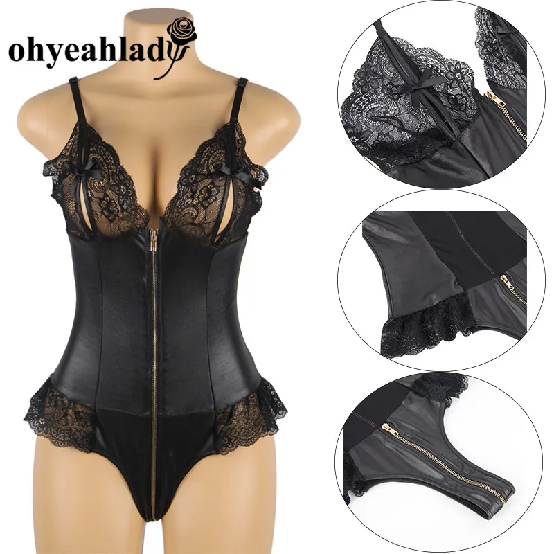 Ohyeahlady Womens Wet Look Faux Leather Deep V Neck Zipper Leotard Bodysuit Teddy Clubwear Body Sexy Black Bodysuit RJ80939